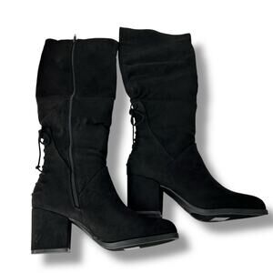 NEW Macy's Black Lace Up Knee High Boots Size 8.5 Block Heel Tall Suede Boho NWT